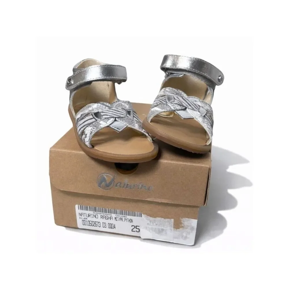 Toddler Girls Silver Leather Sandals EU 25 Metallic Python Dress Shoes US 8
